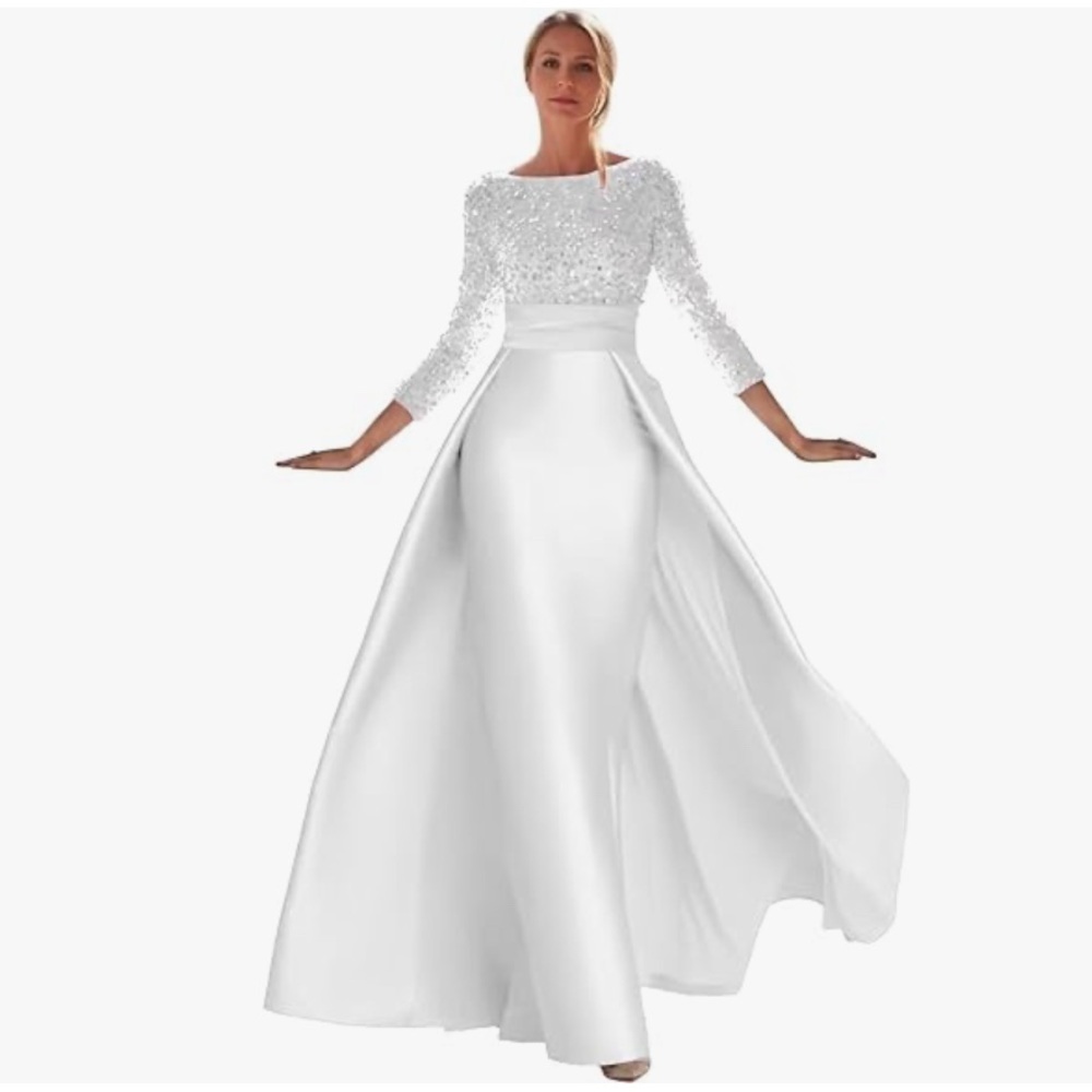 White Sparkly Sequin Mermaid Prom Dresses Long Sleeve Formal Dress